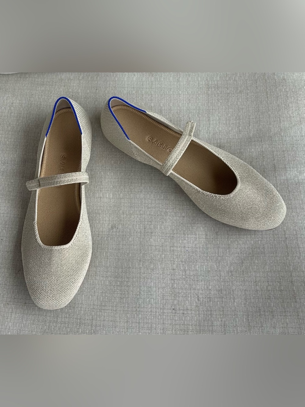 NWOB Rothy's Cream Metallic The Max Square Mary Jane Flats with Blue Trim